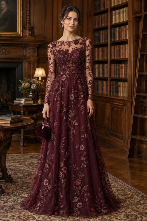 A floor-length burgundy gown with sheer long sleeves and floral embroidery, styled with a matching clutch and drop earrings.