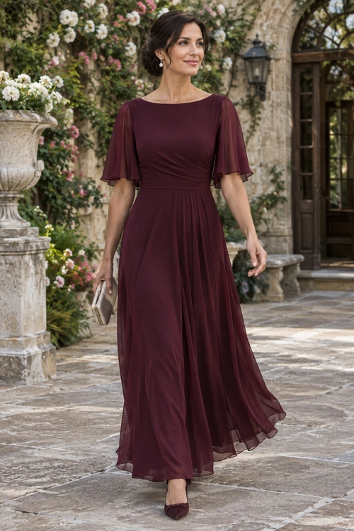 Burgundy Flutter-Sleeve Dress A flowing burgundy dress with flutter sleeves and a full skirt, styled with pearl earrings, a small metallic clutch, and matching heels.