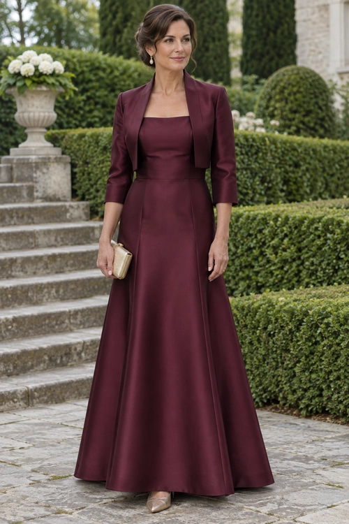 A floor-length burgundy gown with a matching cropped jacket, gold clutch, drop earrings, and metallic pointed-toe heels.