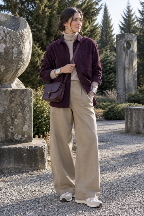 Burgundy Jacket and Wide-Leg Trousers A person wears a burgundy overshirt jacket over a cream turtleneck with beige wide-leg trousers, white sneakers, and a brown crossbody bag.