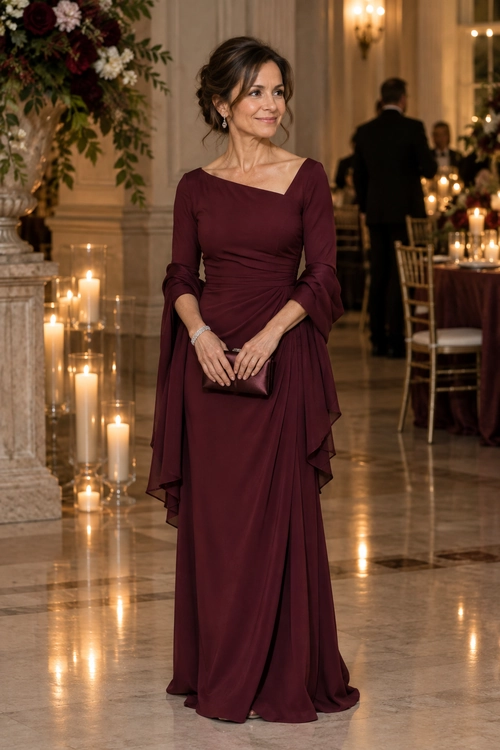 A floor-length burgundy gown with a wide neckline, long sleeves, a draped waist, and a matching clutch.