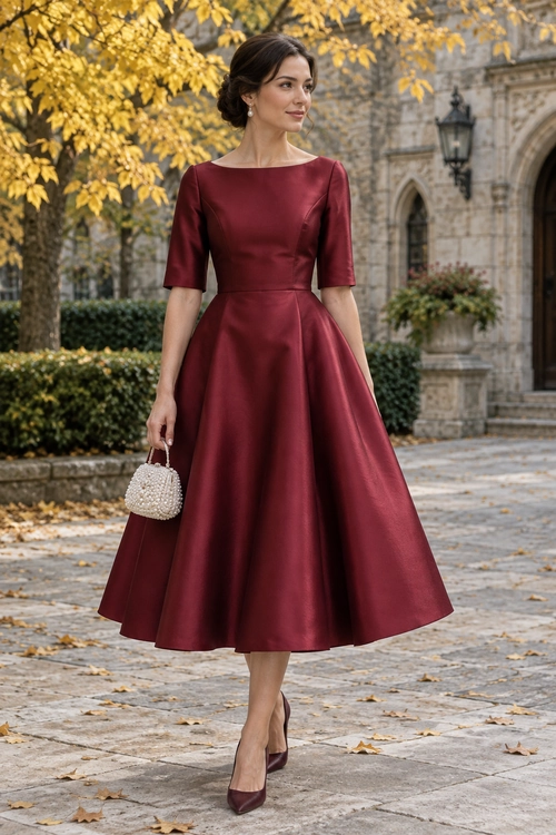 Burgundy Midi Dress Outfit A burgundy satin midi dress with elbow-length sleeves and a full skirt styled with a pearl-beaded clutch, drop earrings, and matching heels.