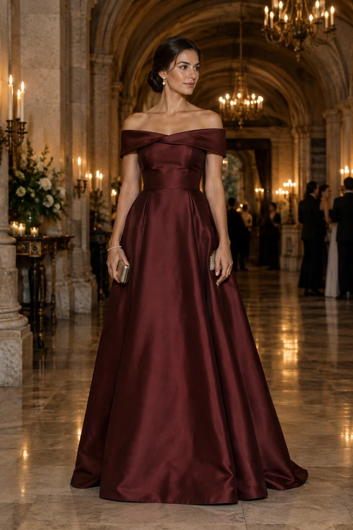 Burgundy Off-Shoulder Gown A floor-length burgundy satin gown with an off-the-shoulder neckline and full skirt, styled with a small metallic clutch and delicate jewelry.