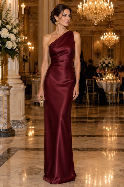 A floor-length burgundy one-shoulder gown styled with gold earrings and a small gold clutch.