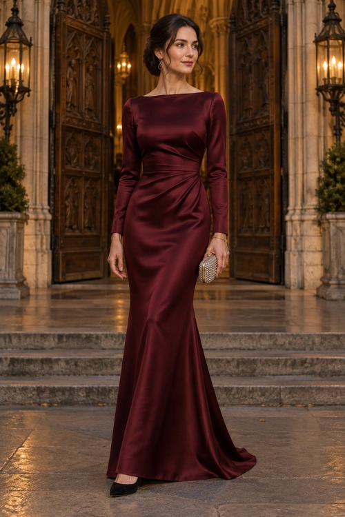 Burgundy Satin Evening Gown Woman wearing a long burgundy satin gown with long sleeves, draped waist detailing, black heels, and a silver clutch.