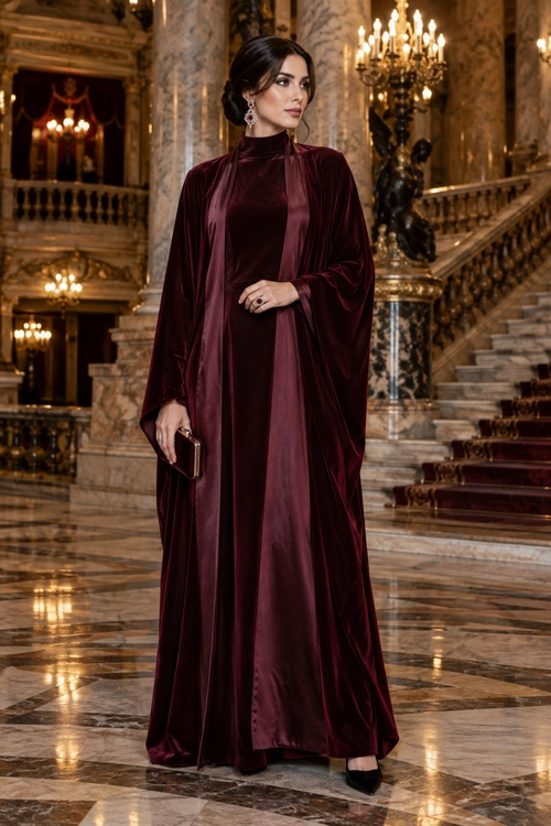 Burgundy Velvet Evening Gown A woman wearing a floor-length burgundy velvet gown with long draped sleeves, statement earrings, a small clutch, and black pointed shoes.
