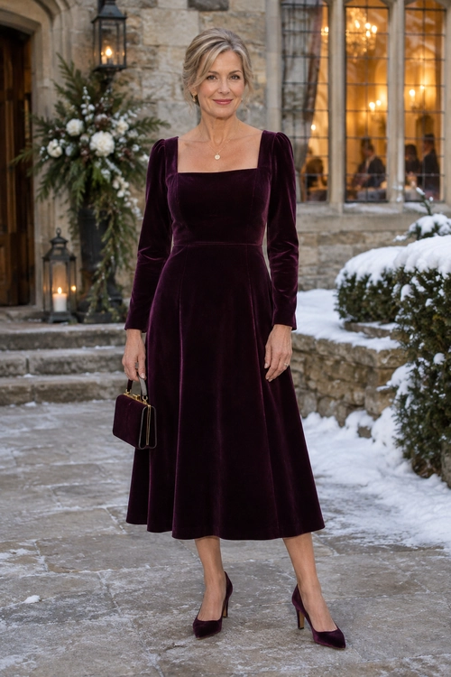 A burgundy velvet midi dress with a square neckline and long sleeves, styled with matching heels, a small clutch, and a pendant necklace.