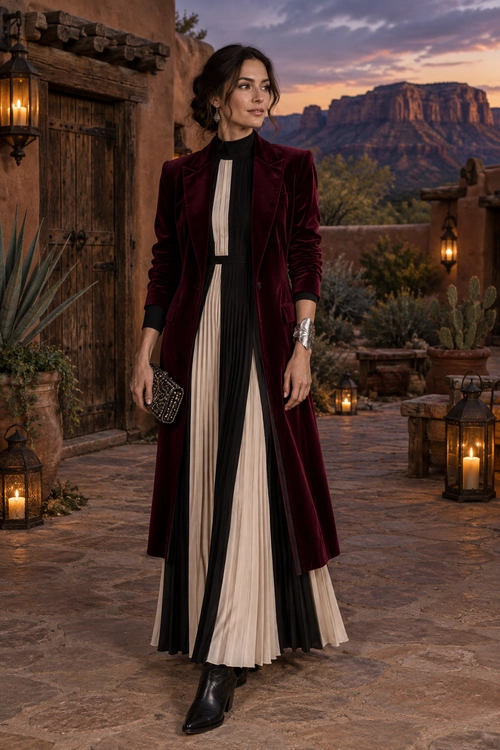 Burgundy Velvet Coat with Pleated Maxi Dress A woman wears a burgundy velvet long coat over a black and cream pleated maxi dress with black ankle boots, a beaded clutch, and a metallic cuff bracelet.