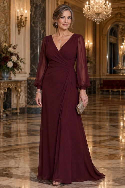 A floor-length burgundy wrap gown with sheer long sleeves, gathered detailing at the waist, and a V-neckline, styled with delicate jewelry and a metallic clutch.