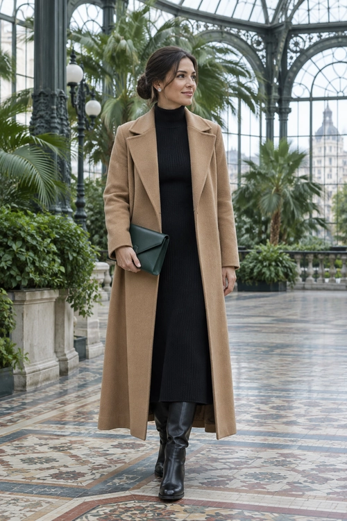 A woman wears a long camel coat over a black ribbed turtleneck dress with black knee-high boots and a dark green clutch.