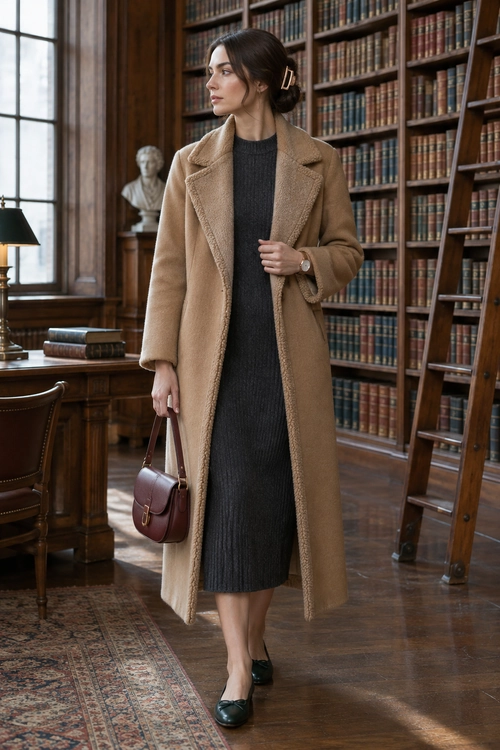 Camel Coat and Charcoal Knit Dress A woman wears a long camel coat over a charcoal ribbed knit dress with black flats and carries a burgundy handbag.