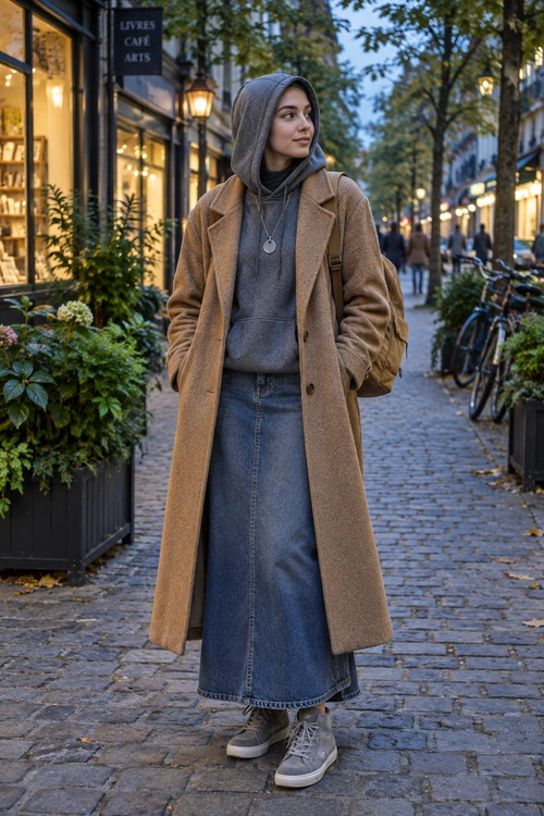 Camel Coat and Denim Skirt Outfit A layered street-style outfit featuring a long camel coat, gray hooded sweatshirt, long denim skirt, sneakers, and a backpack.