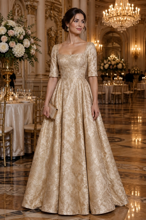 Champagne Brocade Evening Gown A woman wears a champagne-gold brocade gown with a square neckline, elbow-length sleeves, and a full skirt, paired with a small clutch and drop earrings.