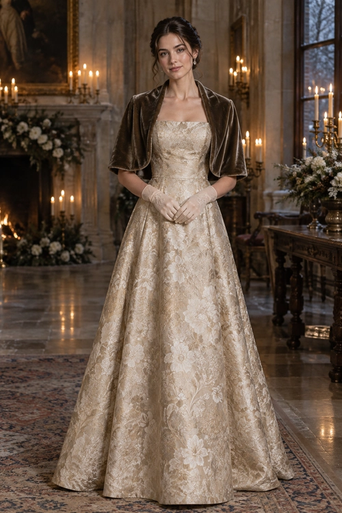 A champagne floral brocade gown with a full skirt is styled with a cropped brown velvet jacket and sheer gloves.