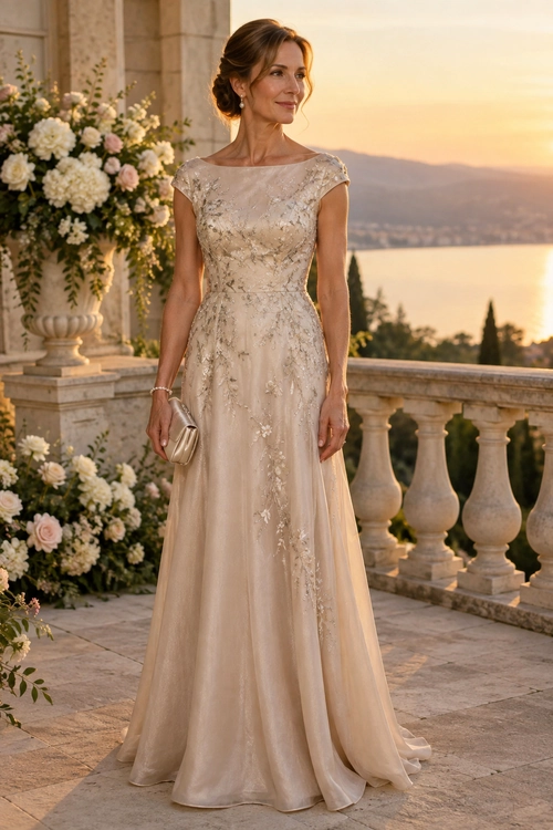 A floor-length champagne gown with cap sleeves, floral embellishment, and a flowing skirt, styled with a small metallic clutch and bracelet.