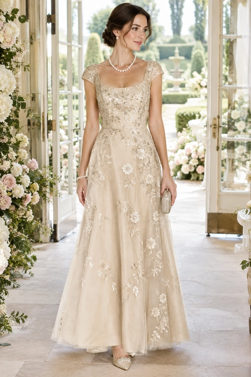 Embroidered Champagne Gown A woman wears a champagne-colored embroidered gown with cap sleeves, a pearl necklace, a small clutch, and embellished heels.