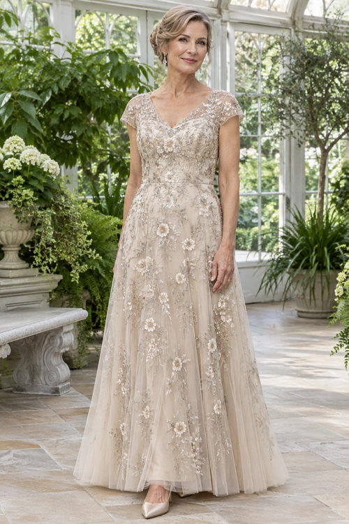 A floor-length champagne gown with a V-neck, sheer cap sleeves, and floral embellishments, paired with pointed-toe heels.
