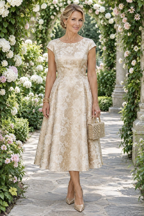 A woman wears a champagne floral midi dress with gold-toned heels, a beaded clutch, and a bracelet.