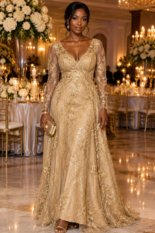 Champagne Gold Embroidered Gown A floor-length champagne gold gown with a V-neckline, sheer embroidered sleeves, and a flowing lace skirt, styled with a gold clutch and sandals.