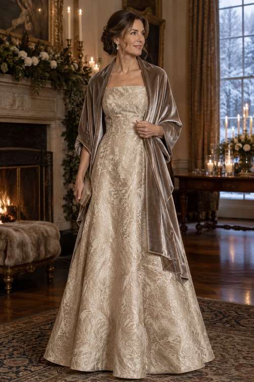 A strapless champagne brocade gown is paired with a draped taupe velvet wrap.