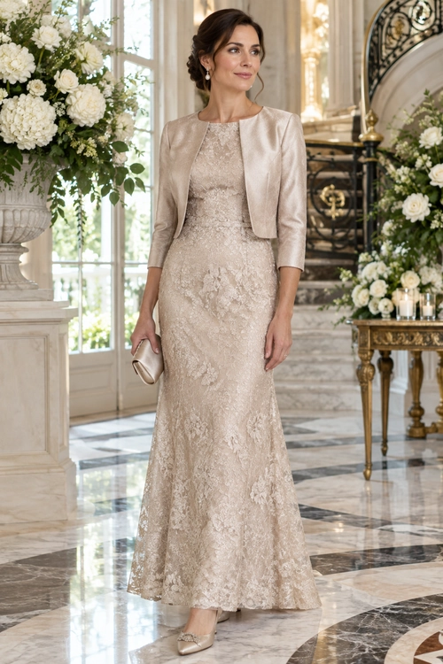 Champagne Lace Formal Outfit A woman wears a champagne lace floor-length dress with a matching cropped jacket, pointed-toe heels, drop earrings, and a small clutch.