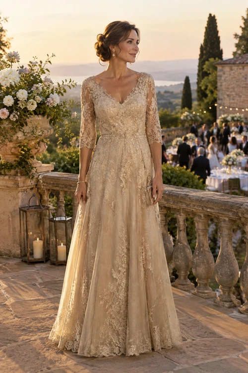 A woman wears a champagne-colored lace wedding gown with three-quarter sleeves and a full-length skirt.