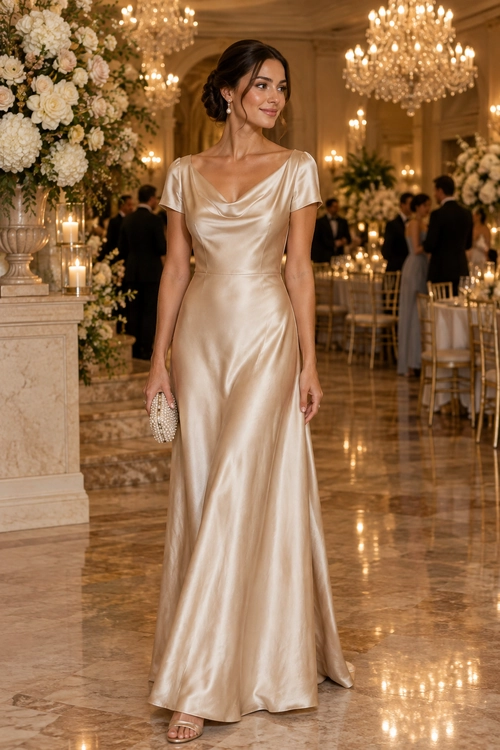 A floor-length champagne satin gown with a draped neckline and short sleeves, styled with drop earrings, a beaded clutch, and open-toe heels.