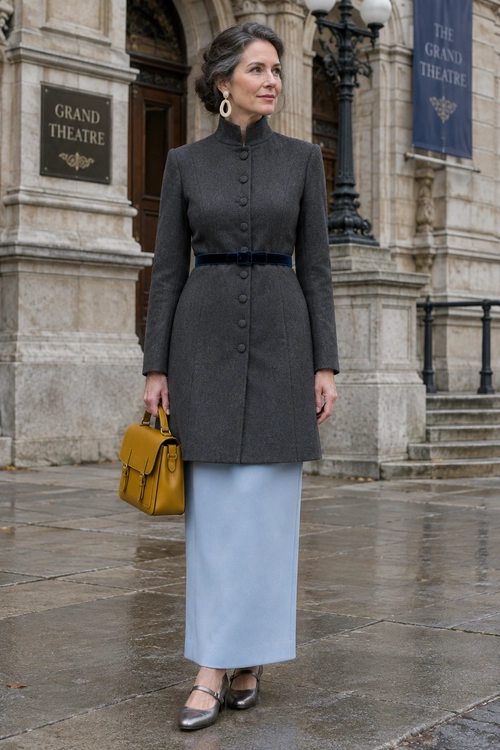 Charcoal Coat with Powder Blue Skirt A woman wears a charcoal button-front coat with a dark belt, a powder blue midi skirt, metallic gray strap shoes, and a mustard handbag.