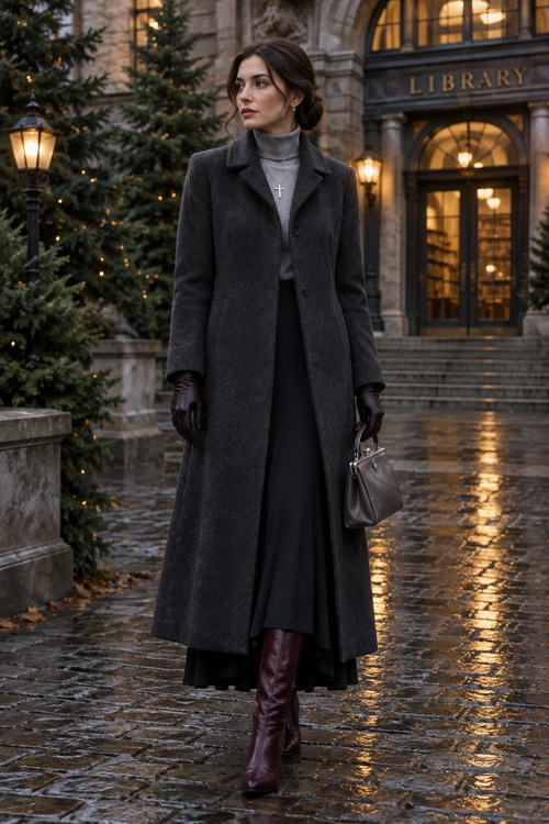 A woman wears a long charcoal coat over a gray turtleneck and black skirt with burgundy boots, gloves, and a structured gray handbag.