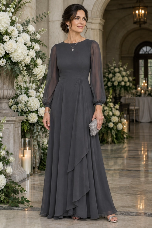 Charcoal Gray Formal Gown A woman wears a floor-length charcoal gray gown with sheer long sleeves and a draped front, paired with a pendant necklace, a silver clutch, and open-toe heels.