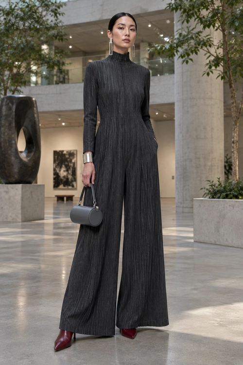 Charcoal Pleated Jumpsuit Outfit A person wears a charcoal high-neck pleated jumpsuit with wide legs, burgundy pointed shoes, silver jewelry, and a gray cylindrical handbag.