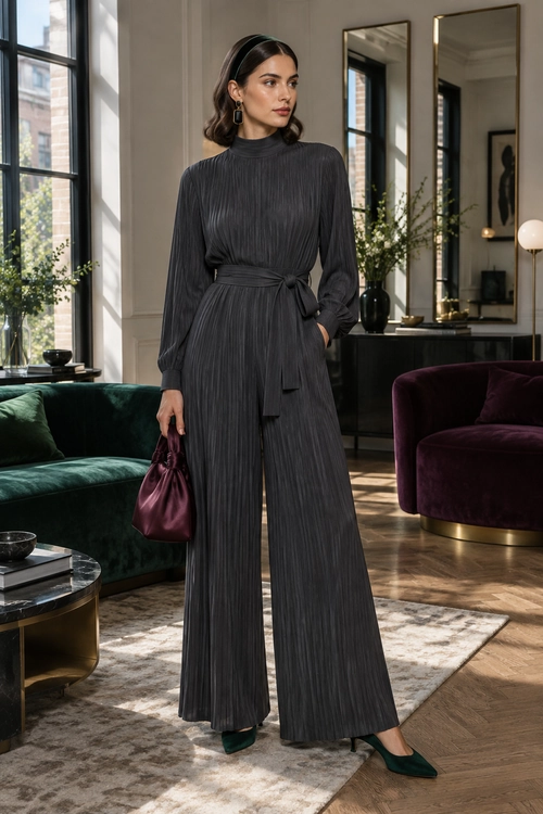 Charcoal Pleated Wide-Leg Jumpsuit A woman wears a charcoal pleated wide-leg jumpsuit with a tied waist, burgundy handbag, and dark green pointed-toe shoes.