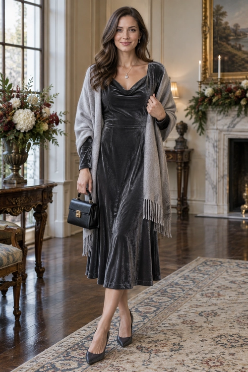 Velvet Dress with a Fringe Wrap A charcoal velvet midi dress with long sleeves is layered with a light gray fringed wrap and styled with a small black handbag and pointed heels.
