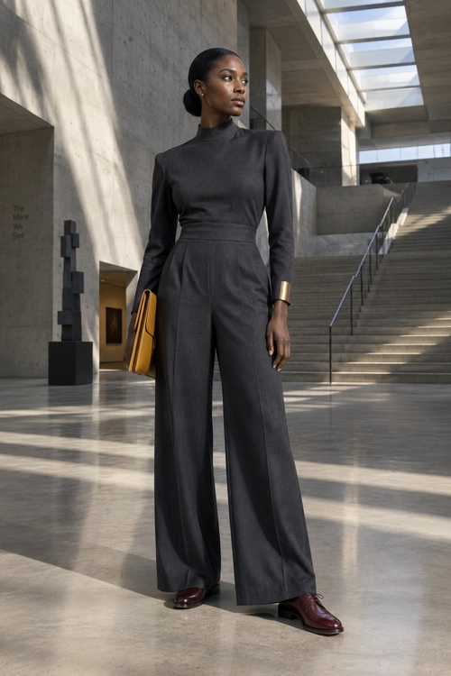 Charcoal Wide-Leg Jumpsuit A woman wearing a charcoal gray long-sleeved wide-leg jumpsuit with a blue clutch, silver brooch, and white pointed heels.