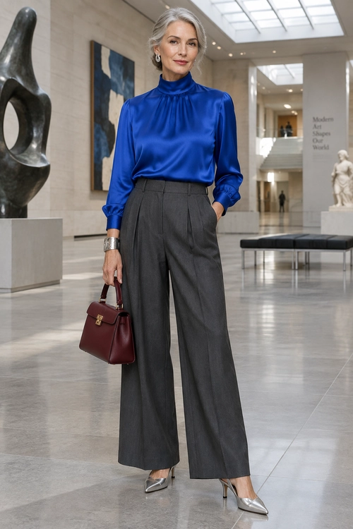 Cobalt Blouse and Wide-Leg Trousers A polished outfit featuring a cobalt blue satin blouse, charcoal wide-leg trousers, silver pointed heels, and a burgundy structured handbag.