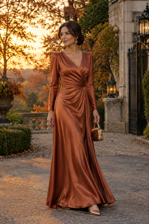 Copper Satin Evening Dress A woman wears a copper satin wrap-style gown with long sleeves, gold-toned jewelry, a small handbag, and pointed shoes.