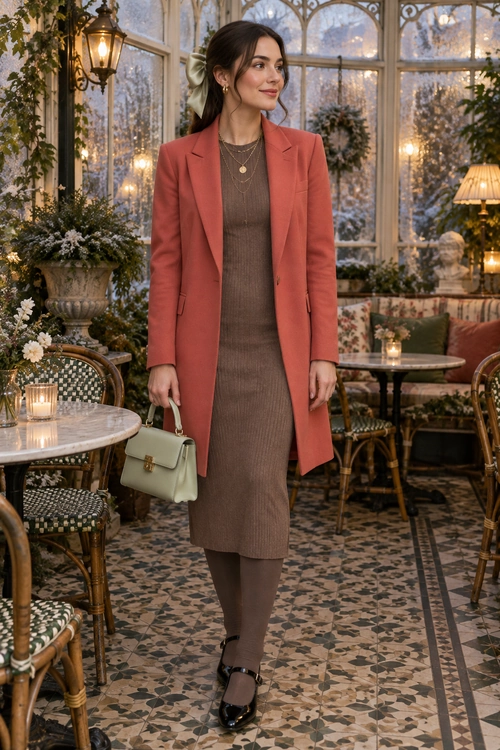 Coral Blazer and Brown Midi Dress A woman wears a coral long blazer over a brown ribbed midi dress with tights, black Mary Jane shoes, and a pale green handbag.