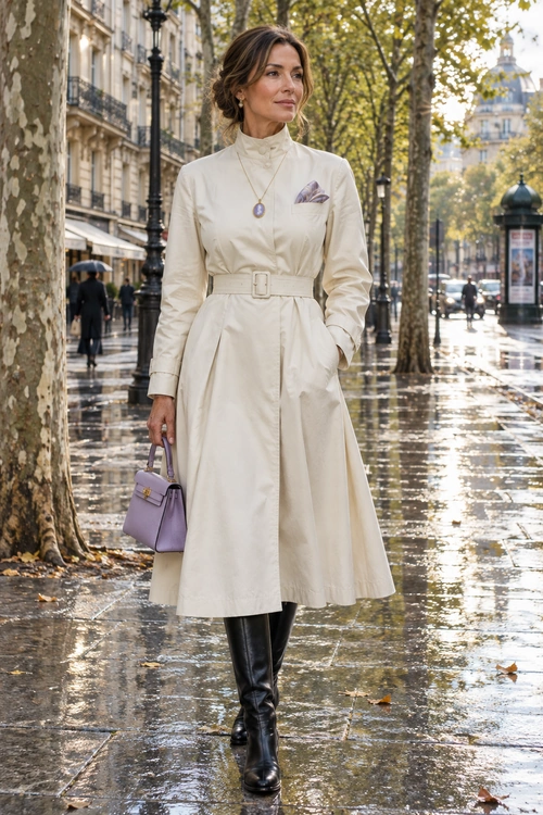 Cream Belted Coat Dress Outfit A woman wears a cream belted coat dress with black knee-high boots and carries a lavender handbag on a rainy tree-lined city street.