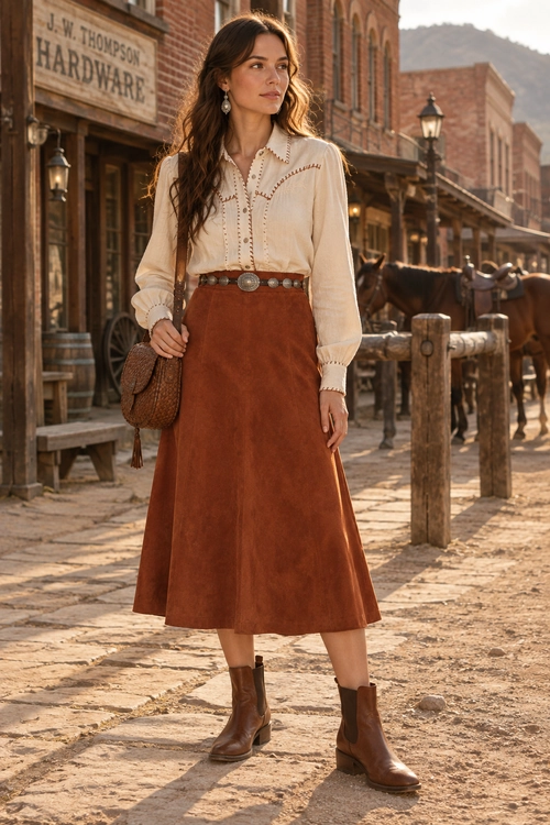 Cream Blouse and Brown Midi Skirt Outfit A woman wears a cream embroidered blouse, brown midi skirt, concho belt, brown ankle boots, and a textured shoulder bag.
