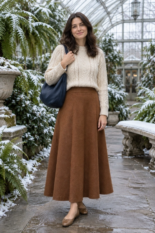 Woman wearing a cream cable-knit sweater, brown midi skirt, navy shoulder bag, and brown flat shoes in a snow-covered conservatory.