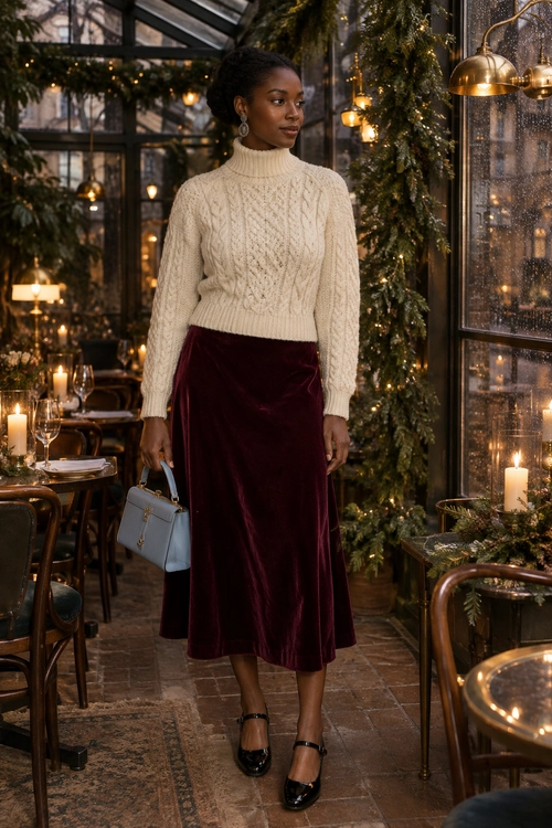 Woman wearing a cream cable-knit turtleneck sweater with a burgundy velvet midi skirt, black strap shoes, and a light blue handbag.