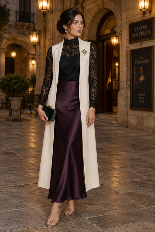 Cream Vest and Plum Satin Skirt Outfit Elegant outfit featuring a cream long vest over a black lace top with a deep plum satin skirt, nude heels, and a green clutch.