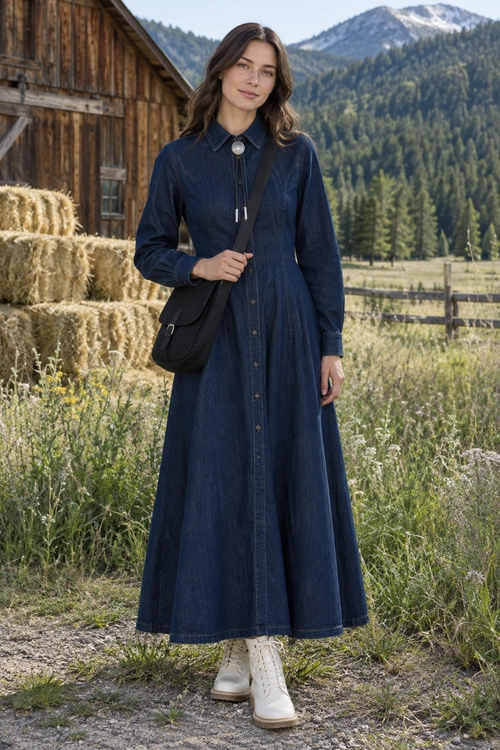 Denim Shirt Dress with Crossbody Bag A woman wears a long-sleeve dark denim shirt dress with a black crossbody bag and cream lace-up ankle boots.