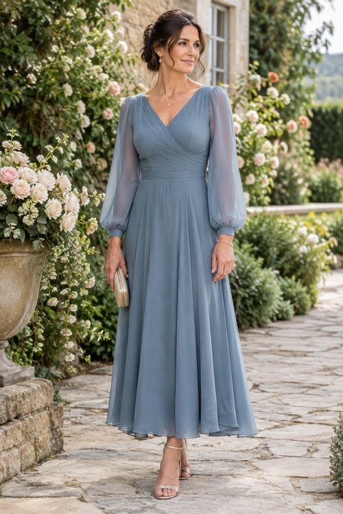 Dusty Blue Chiffon Dress A woman wears a flowing dusty blue V-neck dress with sheer long sleeves, nude strappy heels, and a small gold clutch.