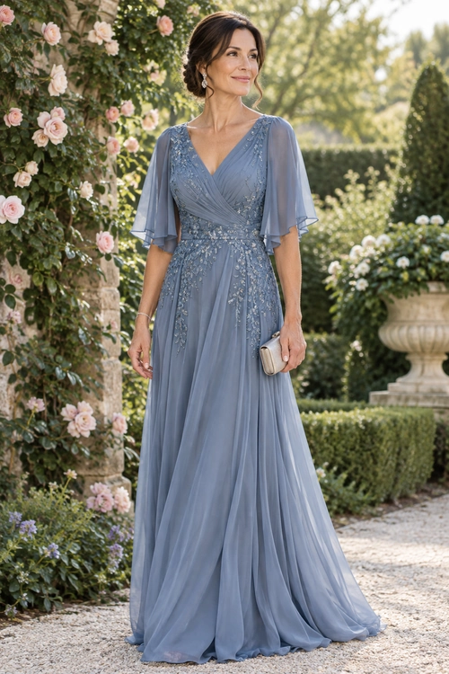 A woman wears a floor-length dusty blue gown with embroidered details, flutter sleeves, and a small clutch.