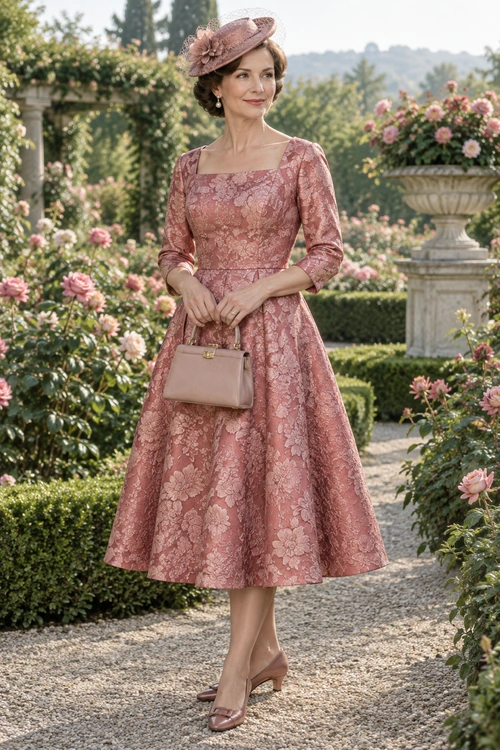 A dusty rose floral dress with three-quarter sleeves is styled with a matching decorative hat, a taupe handbag, drop earrings, and rose-colored heels.