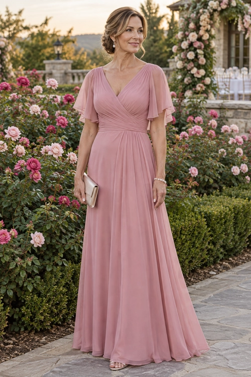 A woman wears a floor-length dusty rose gown with a wrap-style V-neck bodice and flutter sleeves, paired with a metallic clutch and bracelet.