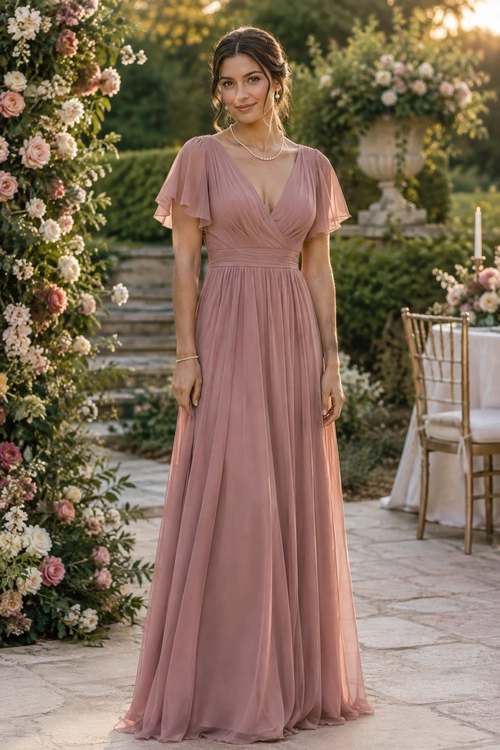 A floor-length dusty rose dress with a wrap-style V-neck bodice, flutter sleeves, and a softly pleated skirt, paired with delicate jewelry.