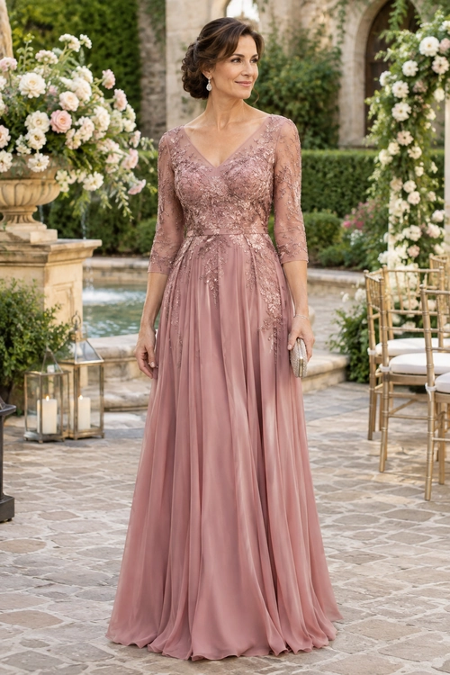 A floor-length dusty rose lace gown with three-quarter sleeves and a V-neckline, paired with a small light-colored clutch.