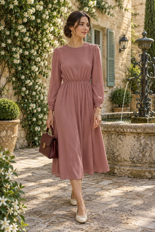 Woman wearing a dusty rose long-sleeve midi dress with cream shoes and a burgundy handbag.